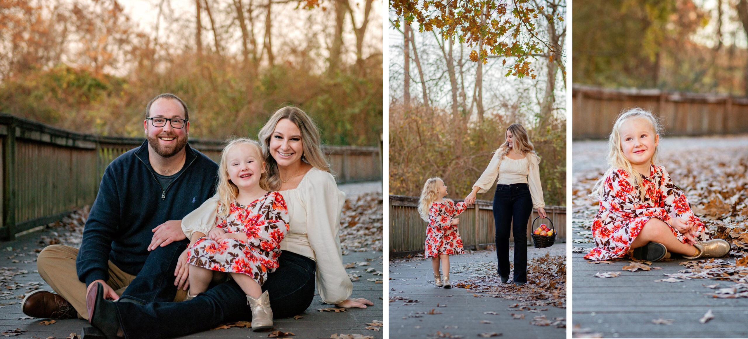 Family photos on a bridge with fall leaves and basket of apples taken by Slowey Photography